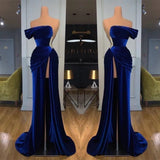 Simple Blue Mermaid One Shoulder Velvet Long Beads Prom Dresses with Split