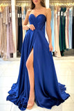 Sexy A-line Sweetheart Satin Sleeveless Long Front Slit Prom Dress with Ruffles