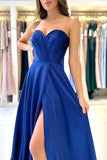 Sexy A-line Sweetheart Satin Sleeveless Long Front Slit Prom Dress with Ruffles