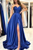 Sexy A-line Sweetheart Satin Sleeveless Long Front Slit Prom Dress with Ruffles