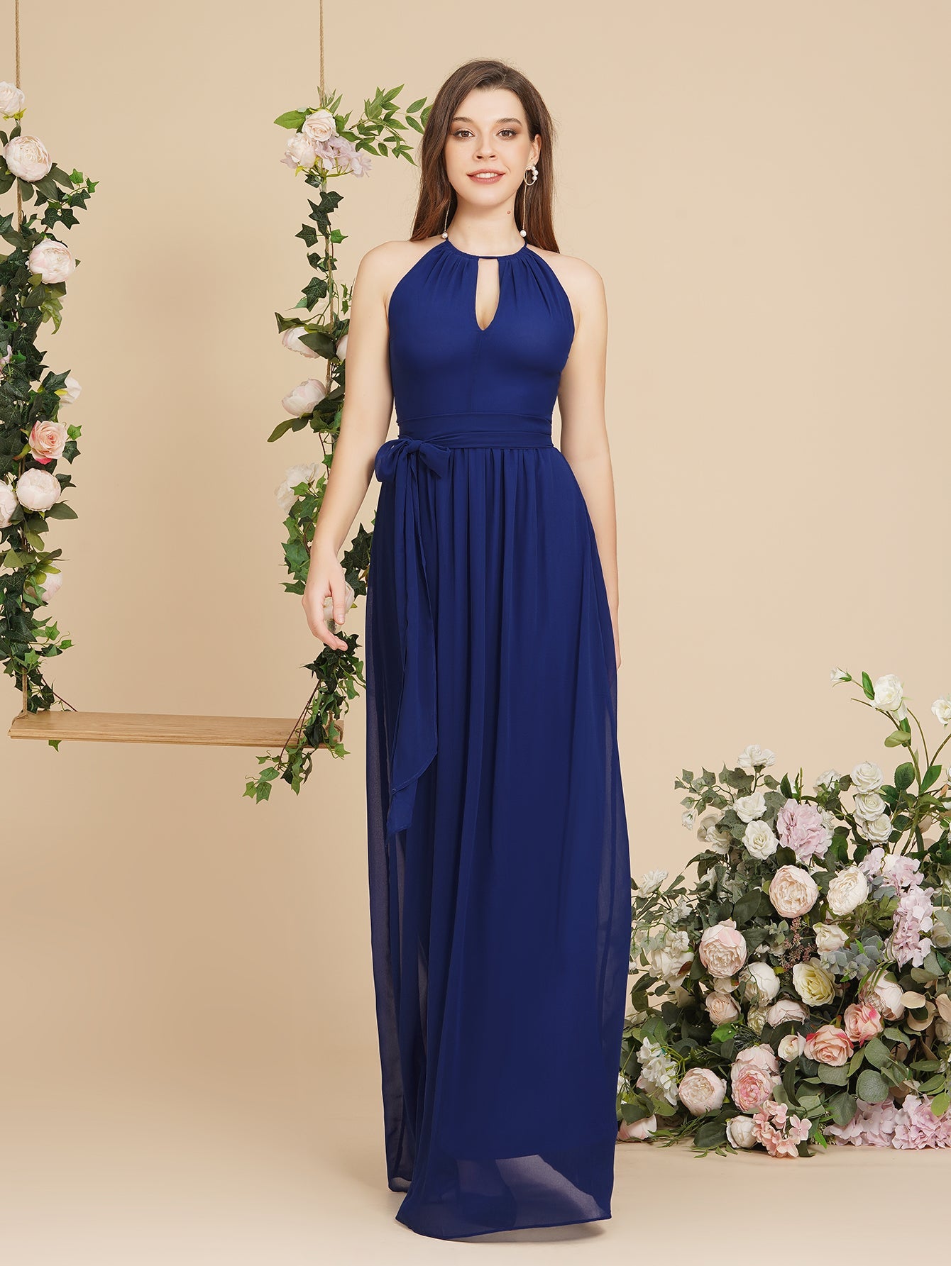 Long A line Halter Chiffon Ruffle Floor Length Bridesmaid Dress