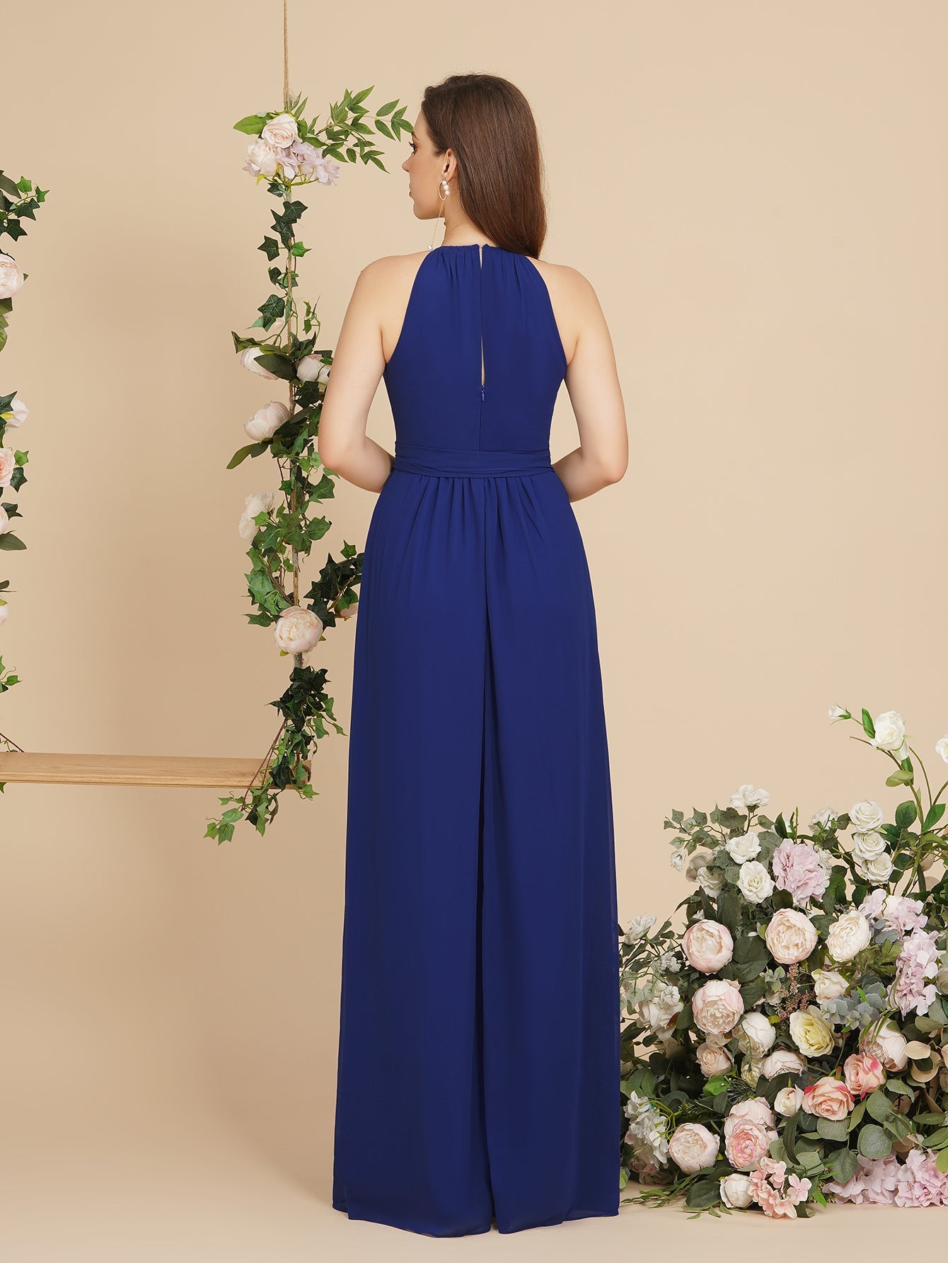 Long A line Halter Chiffon Ruffle Floor Length Bridesmaid Dress