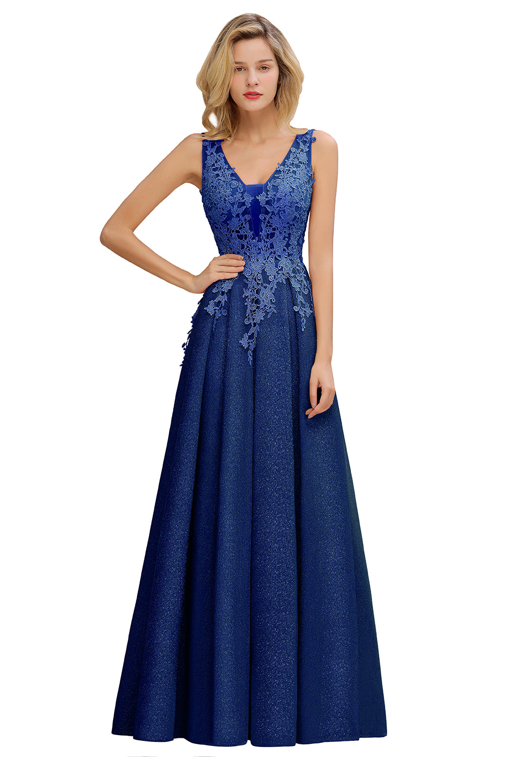 Long A Line V-Neck Sleeveless Tulle Lace Formal Dress with Appliques