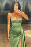 Sheath Strapless Sleeveless Pleated Prom Dresses with Sweep Train Split Side