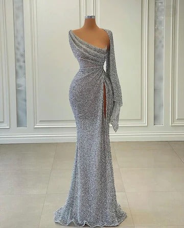 Sexy Long Mermaid One Shoulder Sequined Split Front Prom Dress