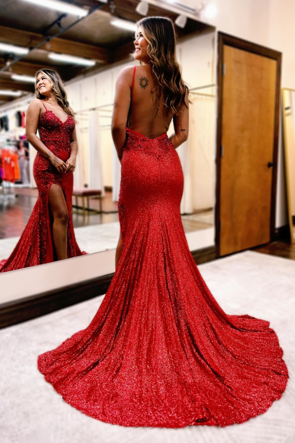 Sexy Mermaid Sweetheart Sequined Backless Long Prom Dresses with High Split