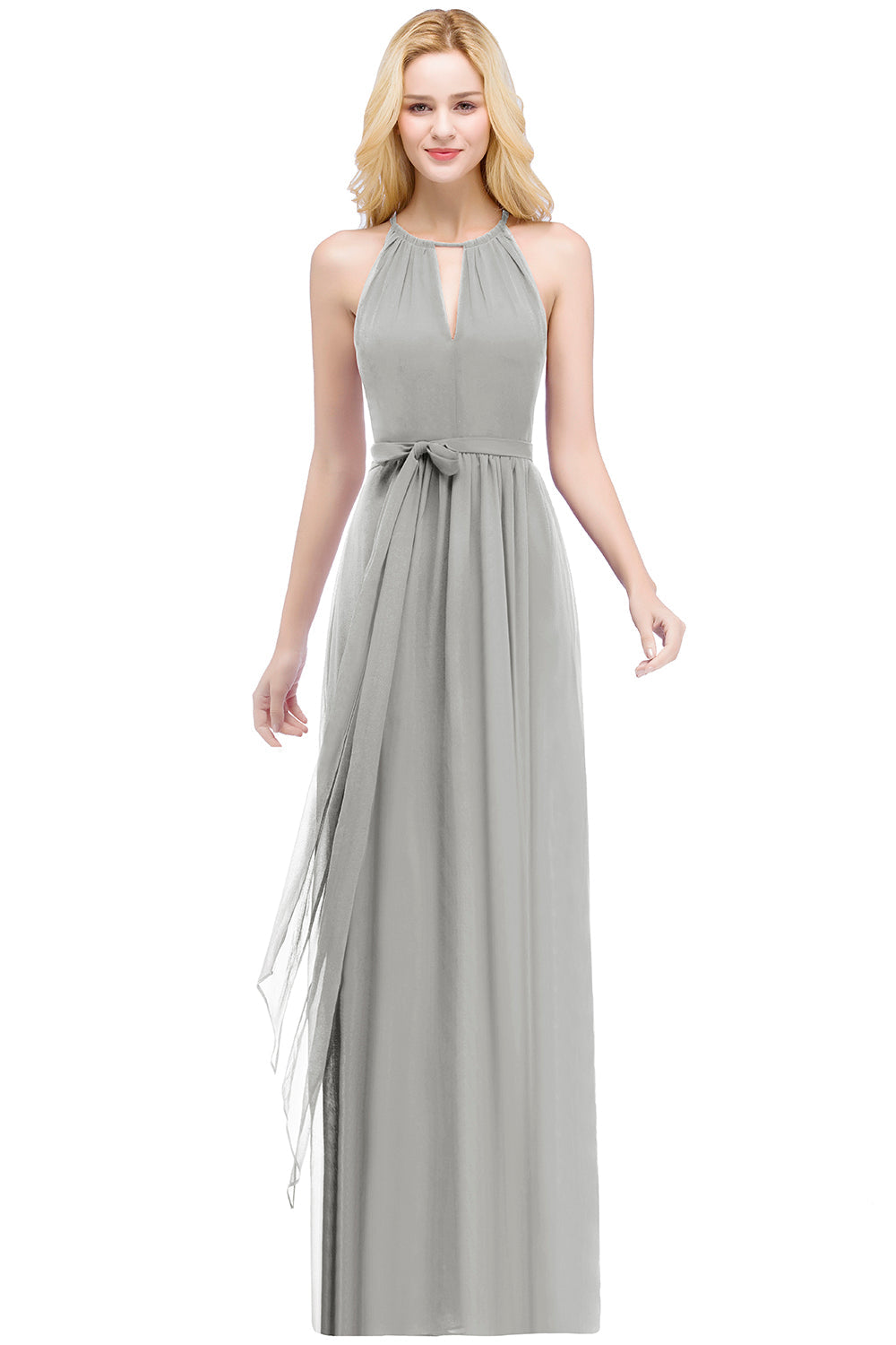 Long A line Halter Chiffon Ruffle Floor Length Bridesmaid Dress