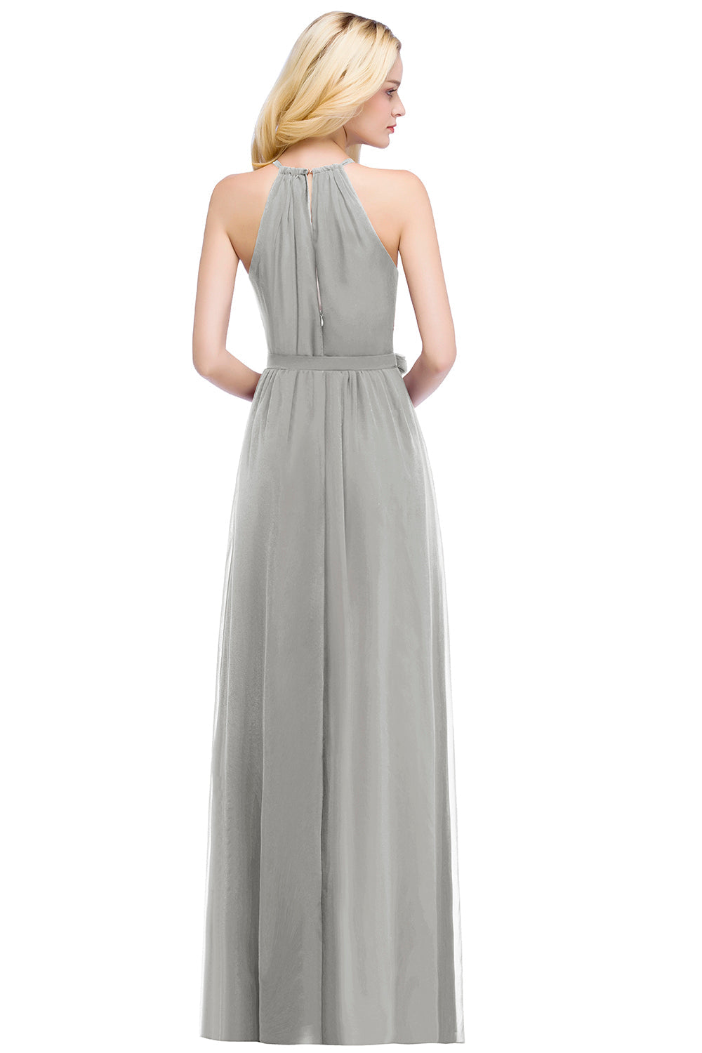 Long A line Halter Chiffon Ruffle Floor Length Bridesmaid Dress