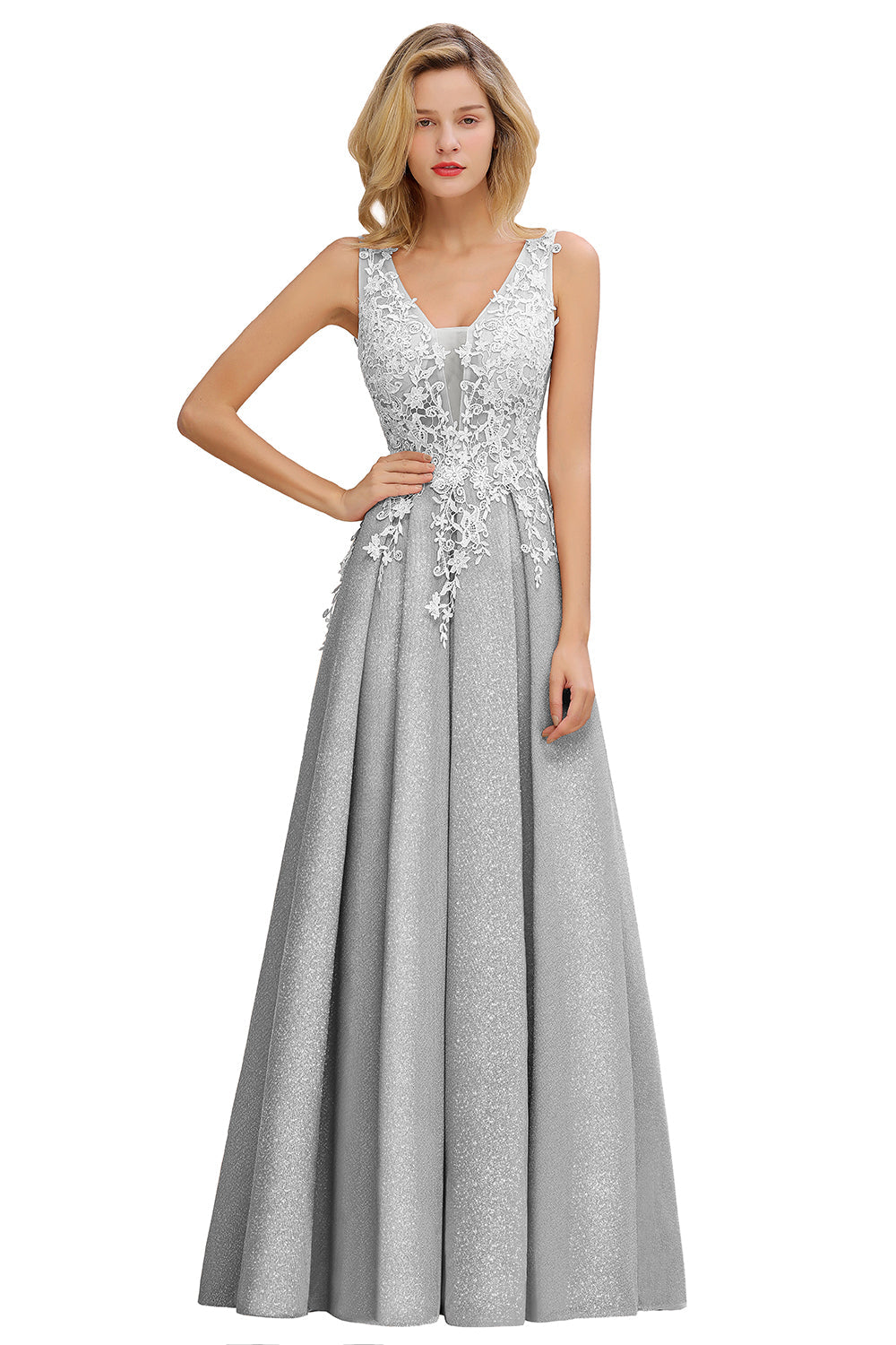 Long A Line V-Neck Sleeveless Tulle Lace Formal Dress with Appliques