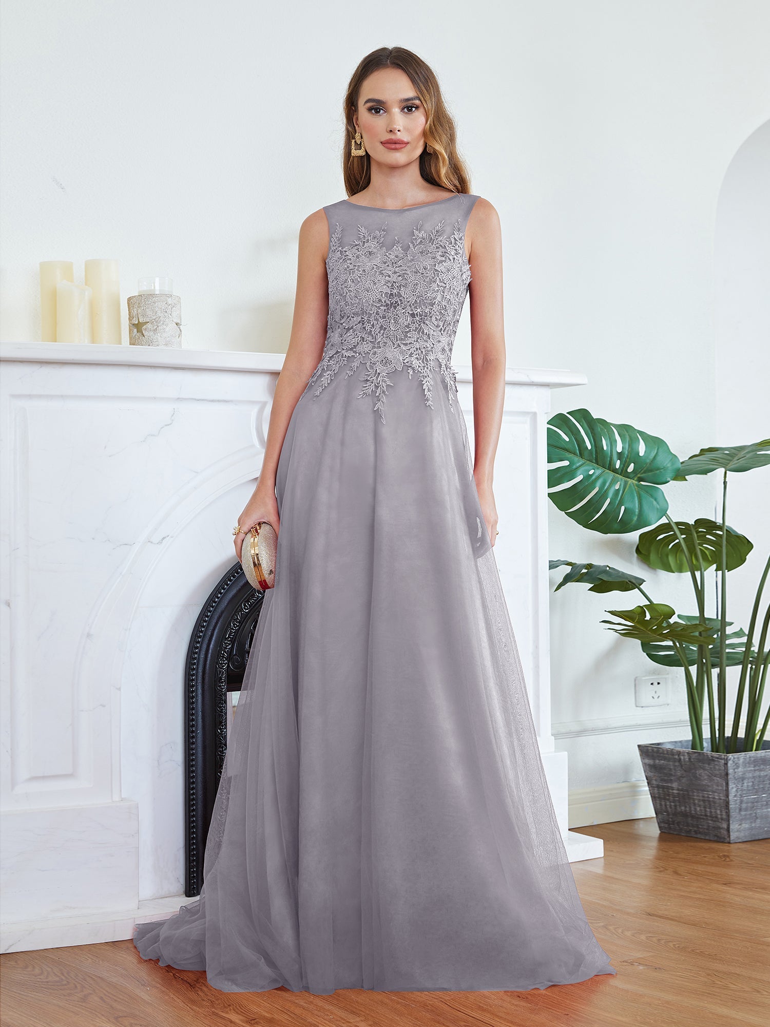 Long Sleeveless Round Neck Tulle A line Lace Appliques Bridesmaid Dress