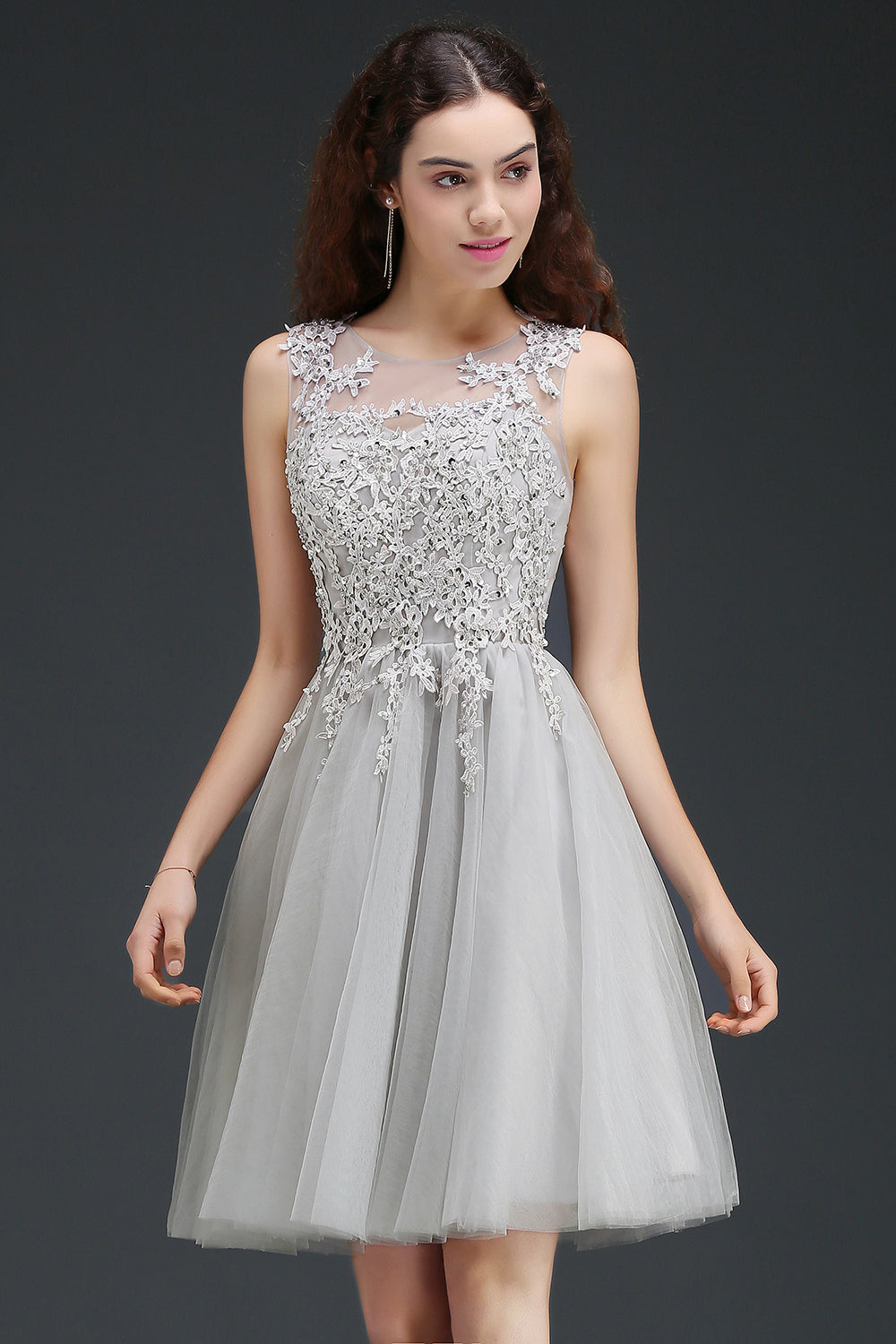 A line Round Neck Tulle Lace Mini Bridesmaid Dress with Appliques Lace