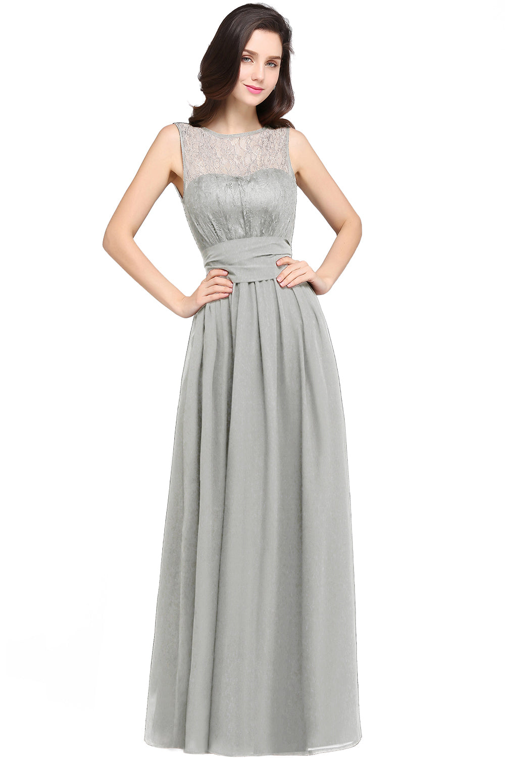 Long Off The Shoulder Round Neck Chiffon Bridesmaid Dress with Floral Lace and Ruffle