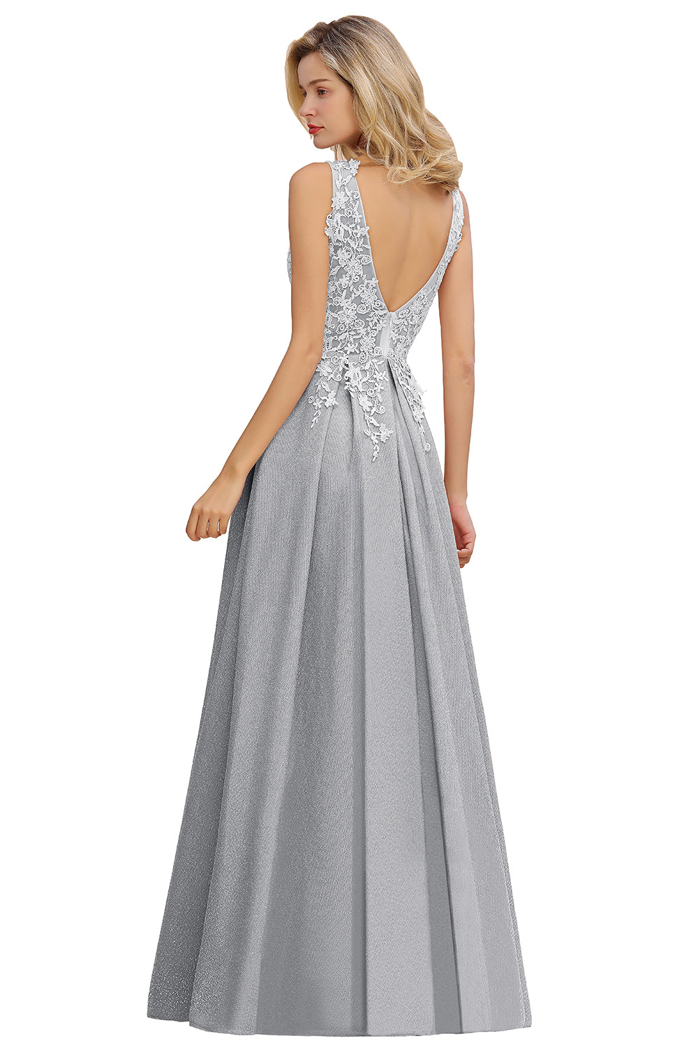 Long A Line V-Neck Sleeveless Tulle Lace Formal Dress with Appliques