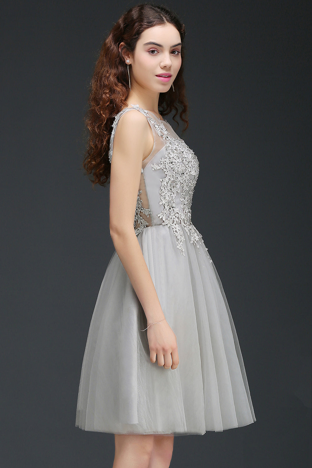 A line Round Neck Tulle Lace Mini Bridesmaid Dress with Appliques Lace