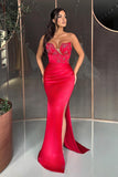 Sexy Strapless Mermaid Satin Long Beading Prom Dresses With Split