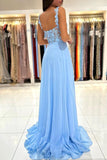 Simple Long A-line Sweetheart Chiffon Lace Backless Prom Dress with Slit