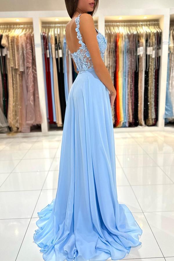 Simple Long A-line Sweetheart Chiffon Lace Backless Prom Dress with Slit