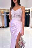 Formal Mermaid Spaghetti Tulle Prom Dresses with Paillette Pleats Sweep Train