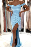 Simple Mermaid Off-the-Shoulder Sweetheart Satin Long Prom Dress with Slit