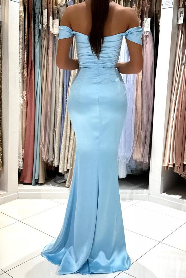 Simple Mermaid Off-the-Shoulder Sweetheart Satin Long Prom Dress with Slit