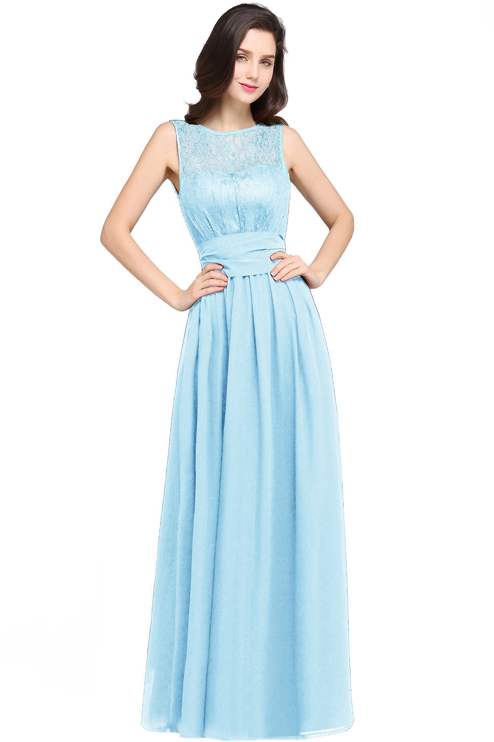 Long Off The Shoulder Round Neck Chiffon Bridesmaid Dress with Floral Lace and Ruffle