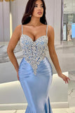 Sexy Mermaid Sleeveless Prom Dresses with Spaghetti Applique Court Train