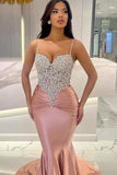 Sexy Mermaid Sleeveless Prom Dresses with Spaghetti Applique Court Train