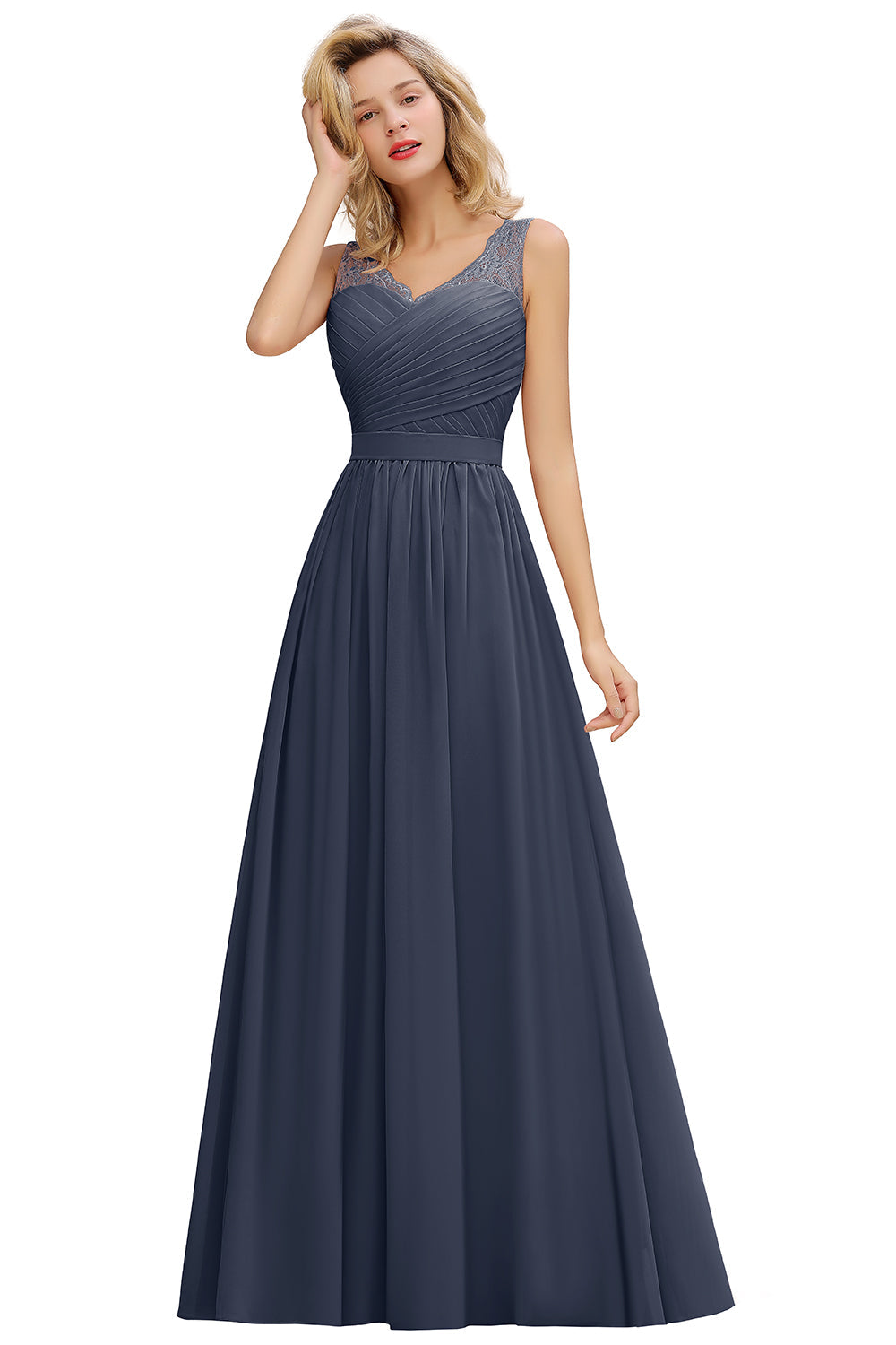 Long A line V-neck Ruffle Sleeveless Chiffon Bridesmaid Dress