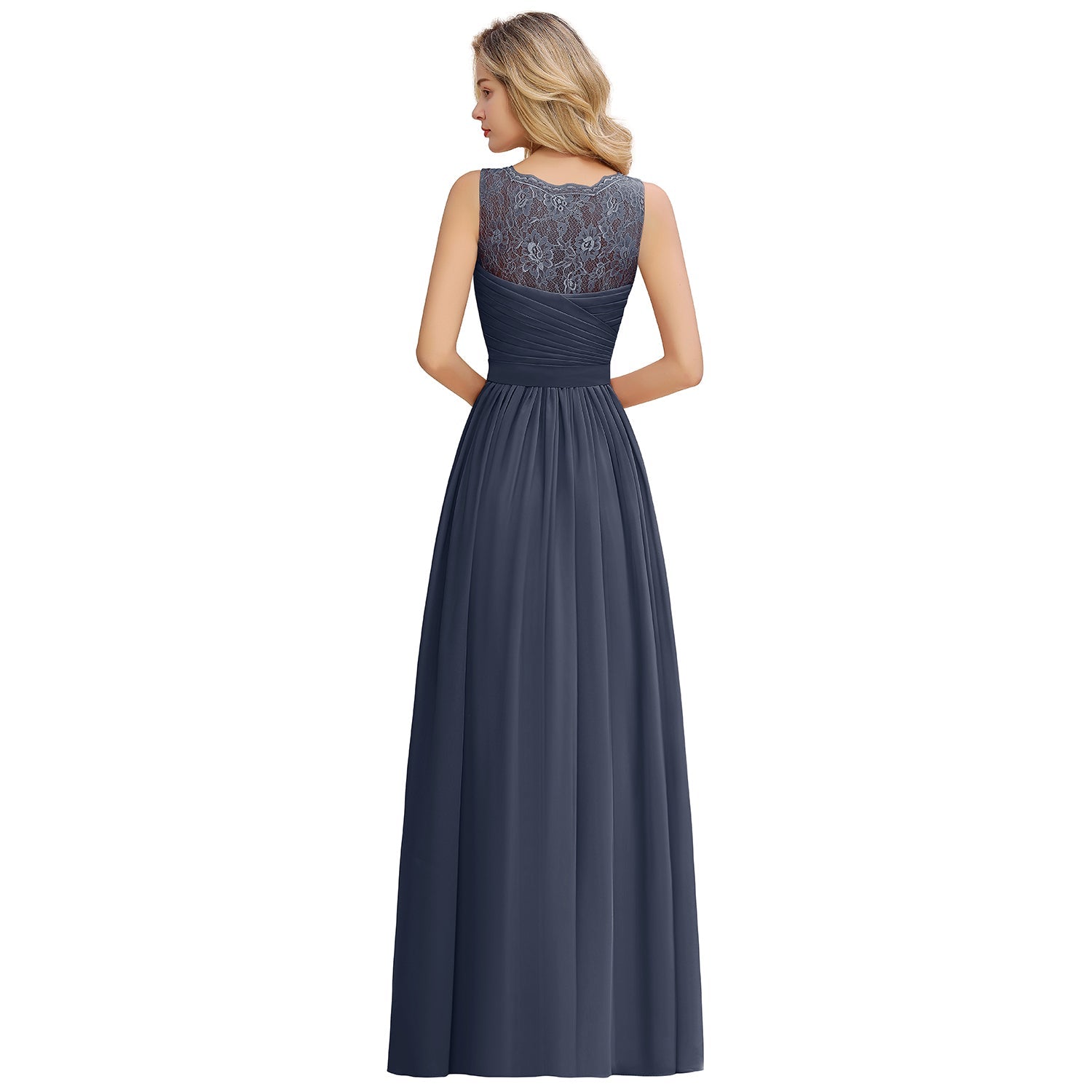 Long A line V-neck Ruffle Sleeveless Chiffon Bridesmaid Dress