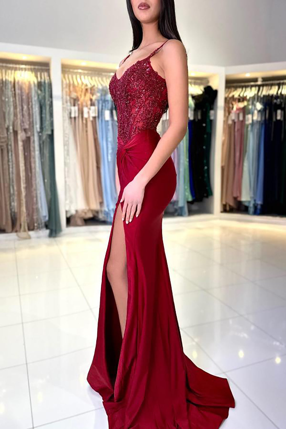 Sexy Mermaid Spaghetti Lace-up Sweep Train Split Side Prom Dresses