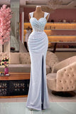 Sheath Sweetheart Sleeveless Crystal Pleats Prom Dresses with Sweep Train Split Front