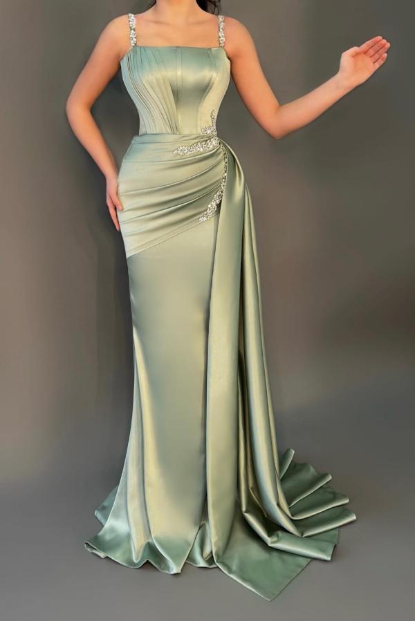 Glamorous Mermaid Square Neck Satin Long Beading Prom Dress with Side-Draped