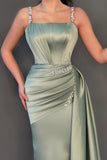 Glamorous Mermaid Square Neck Satin Long Beading Prom Dress with Side-Draped