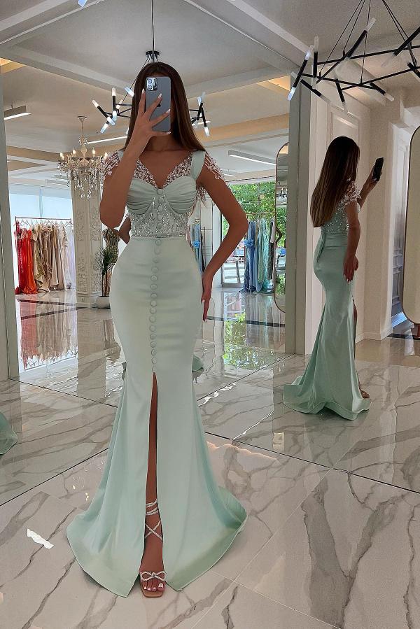 Beautiful Long Mermaid Sweetheart Satin Sequins Buttons Prom Dress with Slit