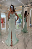 Beautiful Long Mermaid Sweetheart Satin Sequins Buttons Prom Dress with Slit