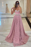 Glamorous Long A-line Sweetheart Spaghetti Straps Lace Beading Prom Dresses