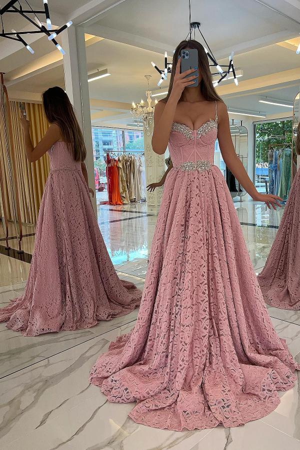 Glamorous Long A-line Sweetheart Spaghetti Straps Lace Beading Prom Dresses