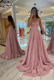 Glamorous Long A-line Sweetheart Spaghetti Straps Lace Beading Prom Dresses