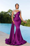 Long Purple Mermaid High Neck Satin Beading Prom Dresses with Sleeves