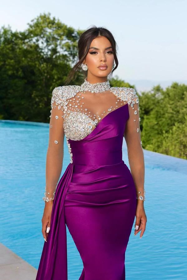 Long Purple Mermaid High Neck Satin Beading Prom Dresses with Sleeves