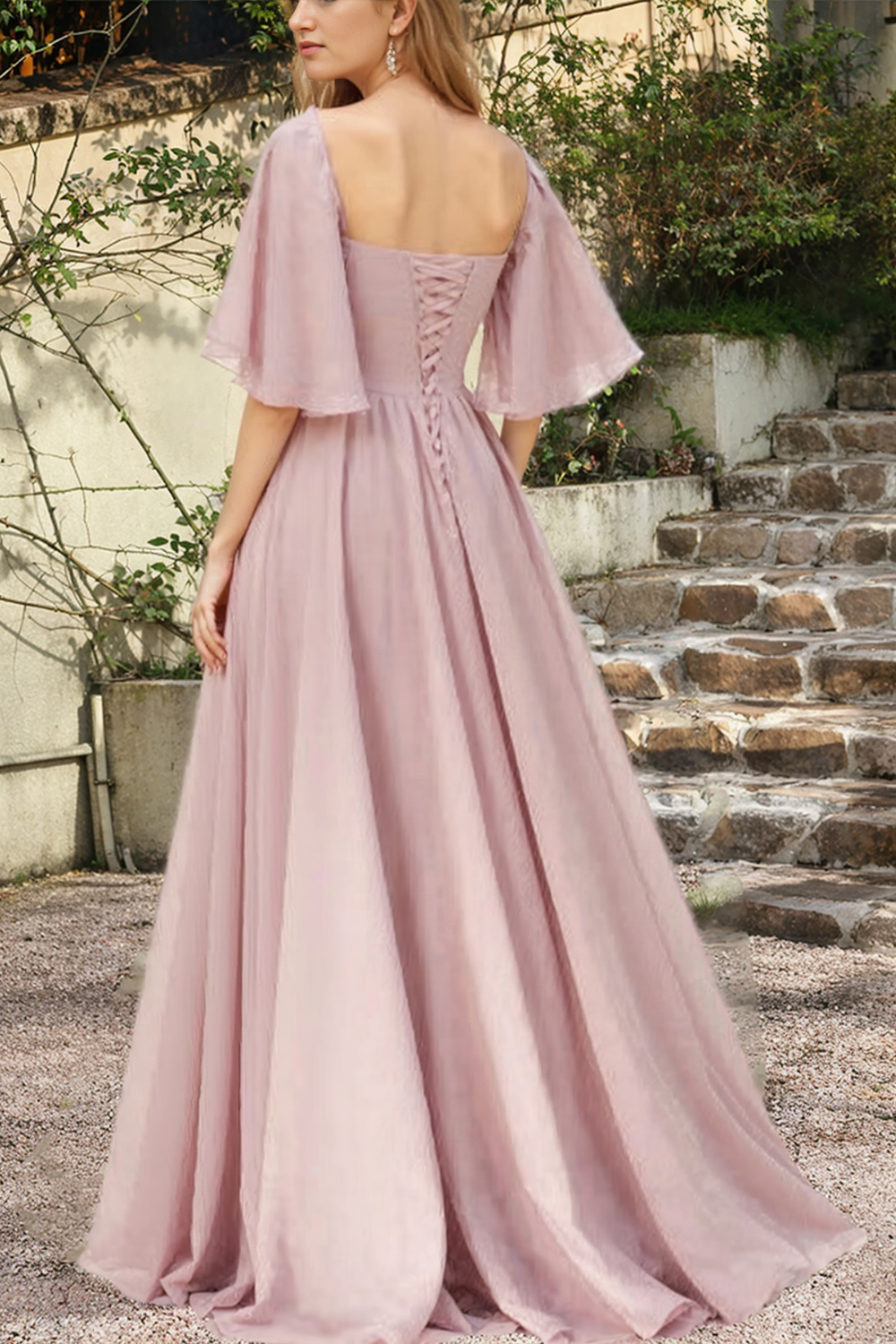 Sweetheart Short Sleeves A-line Long Bridesmaid Dress with Slit