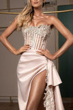 Mermaid Strapless Satin Front Slit Long Beading Prom Dress with Appliques