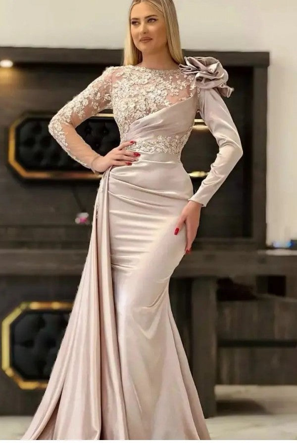 Gorgeous Mermaid Jewel Lace Satin Flower Long Prom Dress with Sleeves