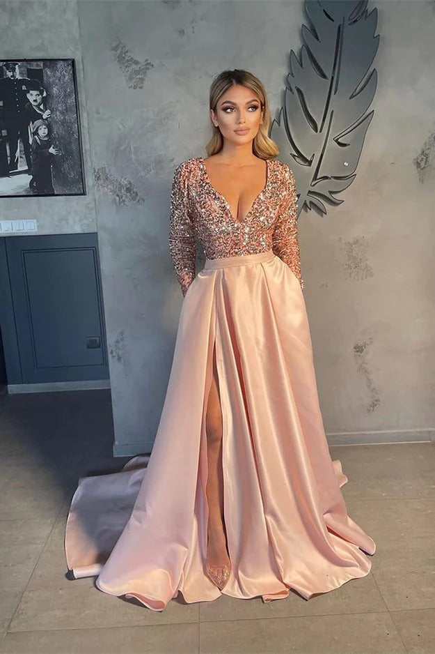 Long A-Line V-neck Satin Sequined Long Sleeve Prom Dresses with Slit