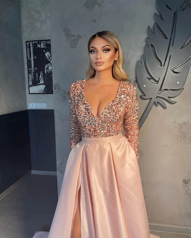 Long A-Line V-neck Satin Sequined Long Sleeve Prom Dresses with Slit