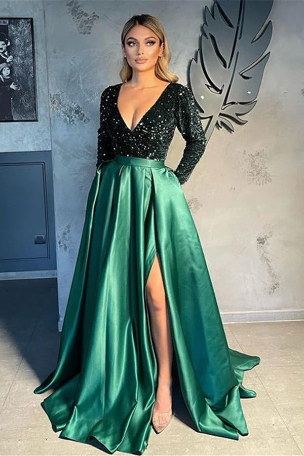 Long A-Line V-neck Satin Sequined Long Sleeve Prom Dresses with Slit