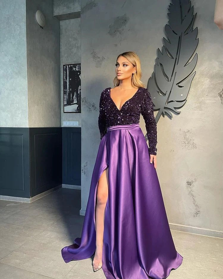 Long A-Line V-neck Satin Sequined Long Sleeve Prom Dresses with Slit