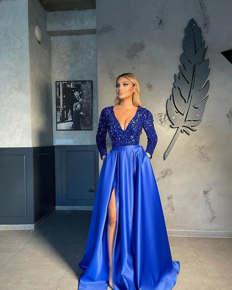 Long A-Line V-neck Satin Sequined Long Sleeve Prom Dresses with Slit