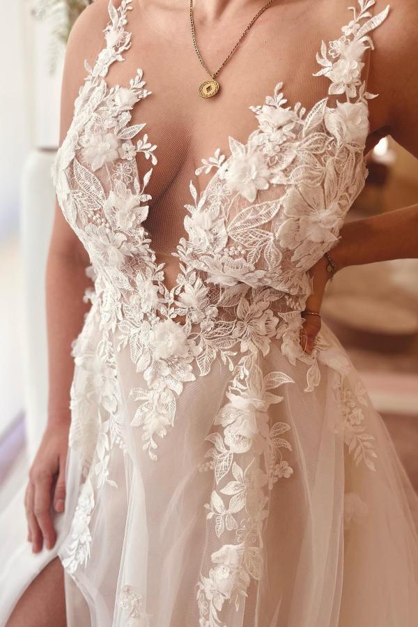 A-Line V-neck Chiffon Lace Open Back Long Wedding Dresses With Split