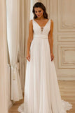 A-Line V-Neck Sleeveless Open Back Wedding Dresses with Tulle Court Train